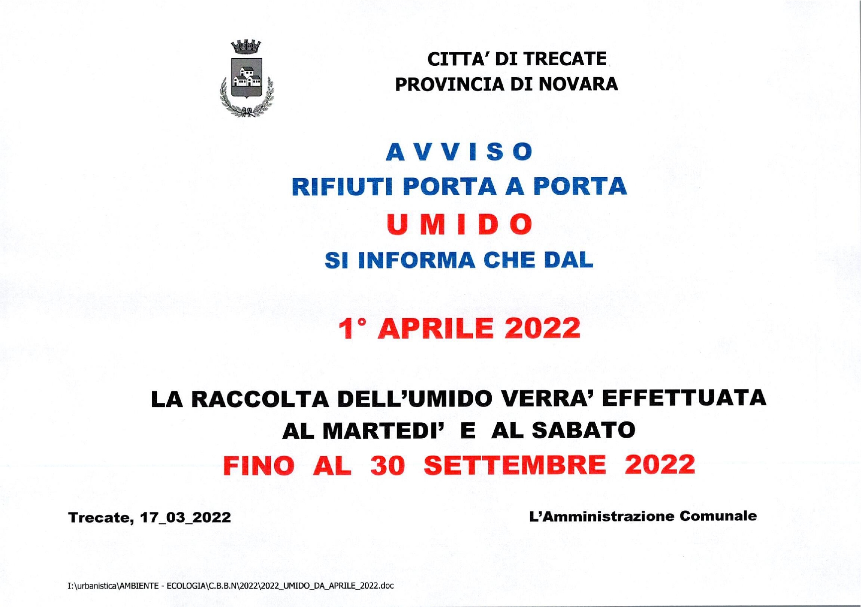 RACCOLTA UMIDO DA APRILE 2022