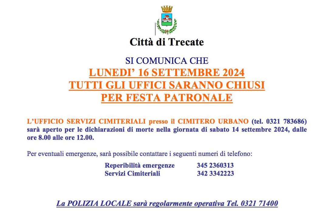 chiusura uffici il 16 settembre per Festa Patronale