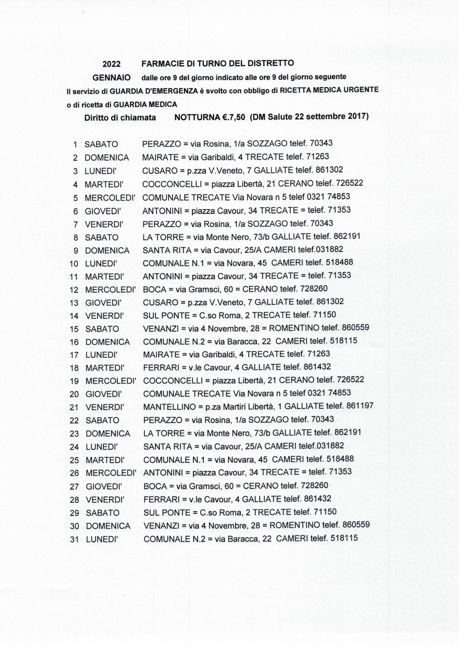 12 FARMACIE DI TURNO GENNAIO 2022